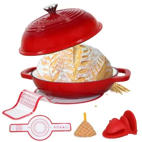 Enameled Cast Iron Dutch Oven With Lid,11" Bread Oven,6 Quart Enamel Bread Pan,Dutch Oven For Sourdough Baking-with Silicone Mat,Thick Enamel Ove (Option: red)