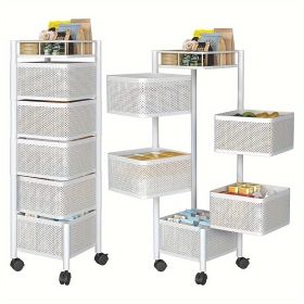 Rotating Kitchen Storage Shelf 5 Tier, Metal Fruit Vegetable Storage Basket Multi-Layer Vegetable Rack Storage Trolley on Wheels (Color: White)